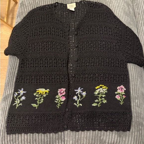 Teddi Sweaters - Vintage Teddi Black Crochet Cardigan with Multicolor Floral Cross-stitch, XL